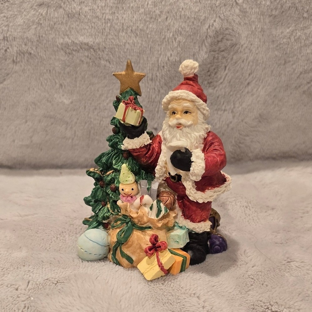 Vintage Napco Santa Claus Figurine with Christmas Tree and Toys Resin Decor 3.5"